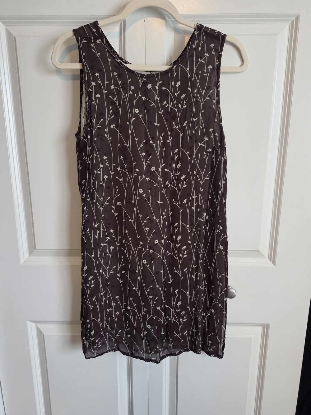 Sleeveless Floral Print Tunic Top - brown sheer layered cream floral